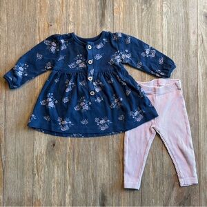 City Mouse Floral Navy Dress Buttons with Pink Ribbed Leggings 6-9M